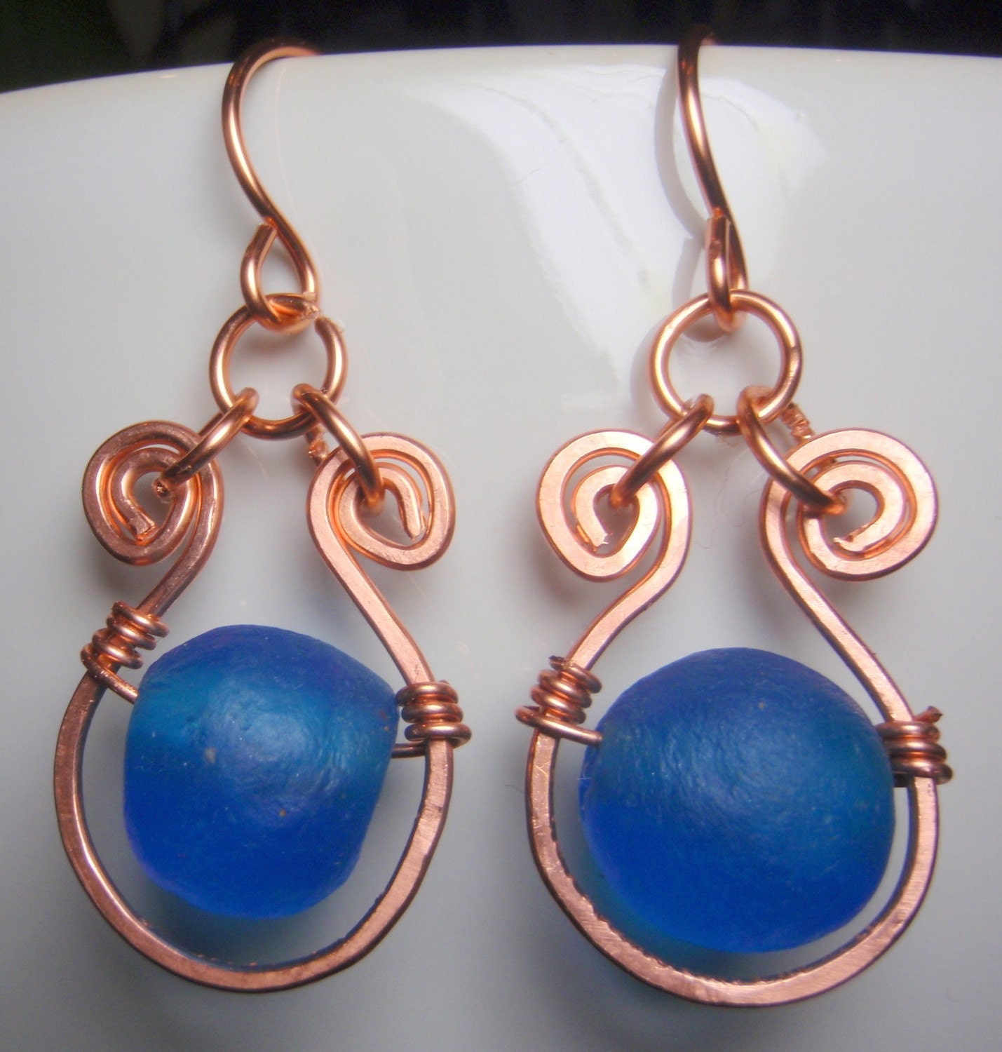 cobalt recycled glass and copper earrings