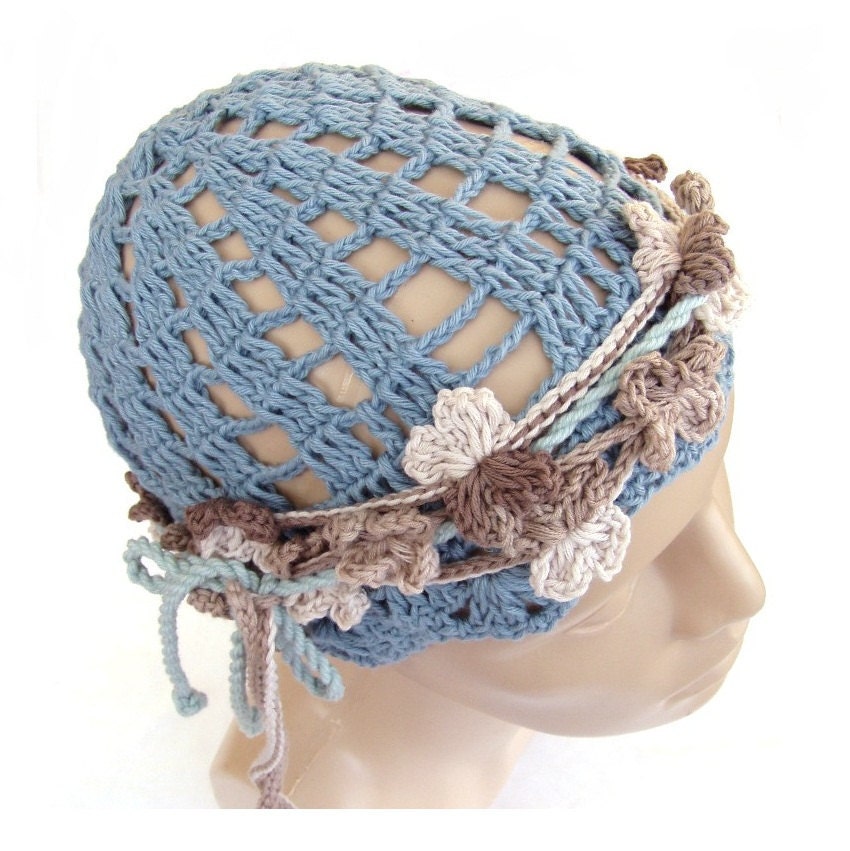 Crochet Beanie Hat flowers Funky Fashion cotton hat with floral tape