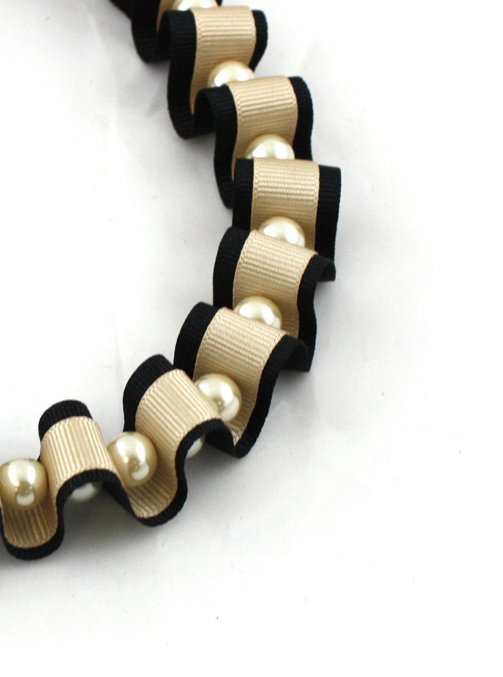 Ribbon and Pearl Necklace - Black and Gold Ribbon and Pearl Necklace