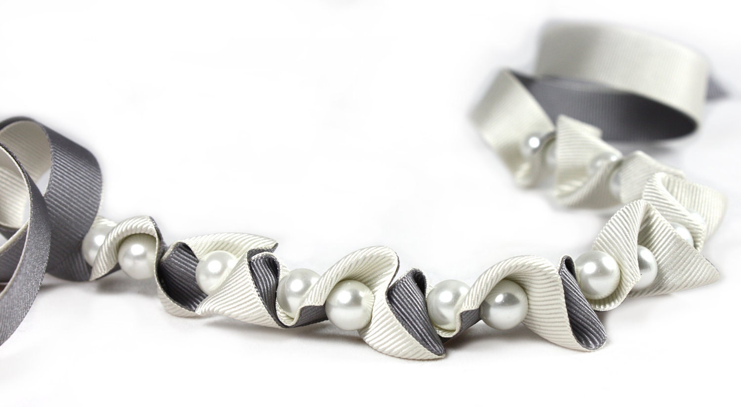 Grey and Cream Chunky Ruffle Ribbon and Pearl Necklace