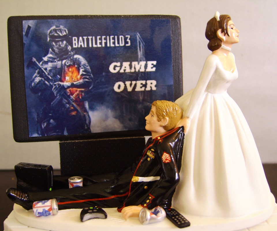 Military VIDEO GAME 'junkie' Groom. Customized Wedding Cake Topper.  The ORIGINAL Video Game cake topper....not a copy cat.