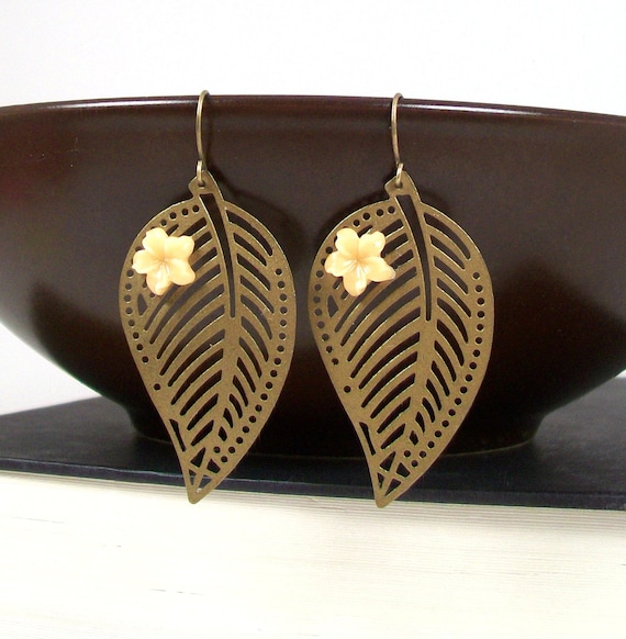 Leaf Earrings - Skeleton Leaf Jewelry - Antiqued Gold Leaves - Prdgy