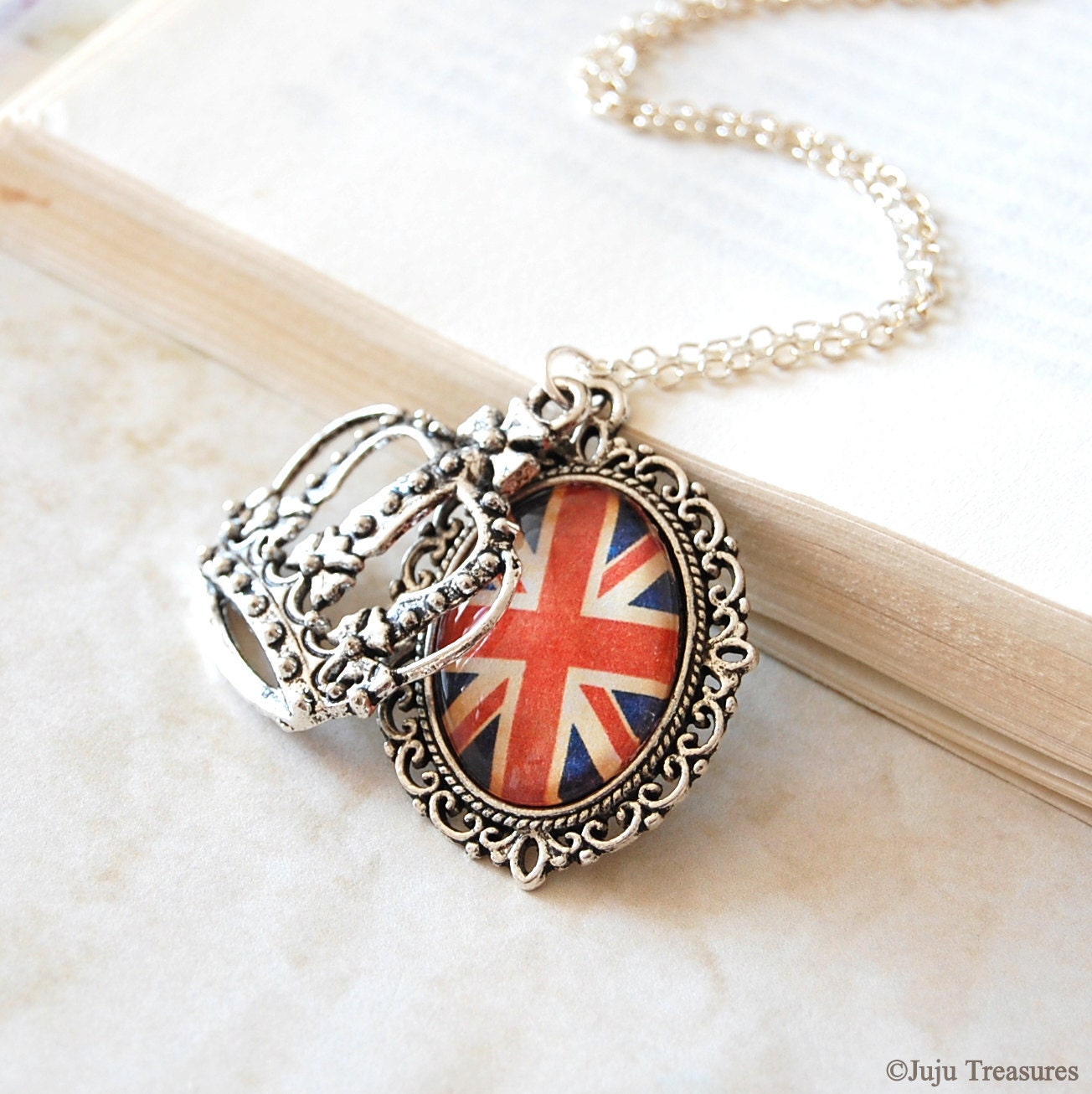Union Jack Necklace. British Flag Necklace with a Silver Crown Charm.