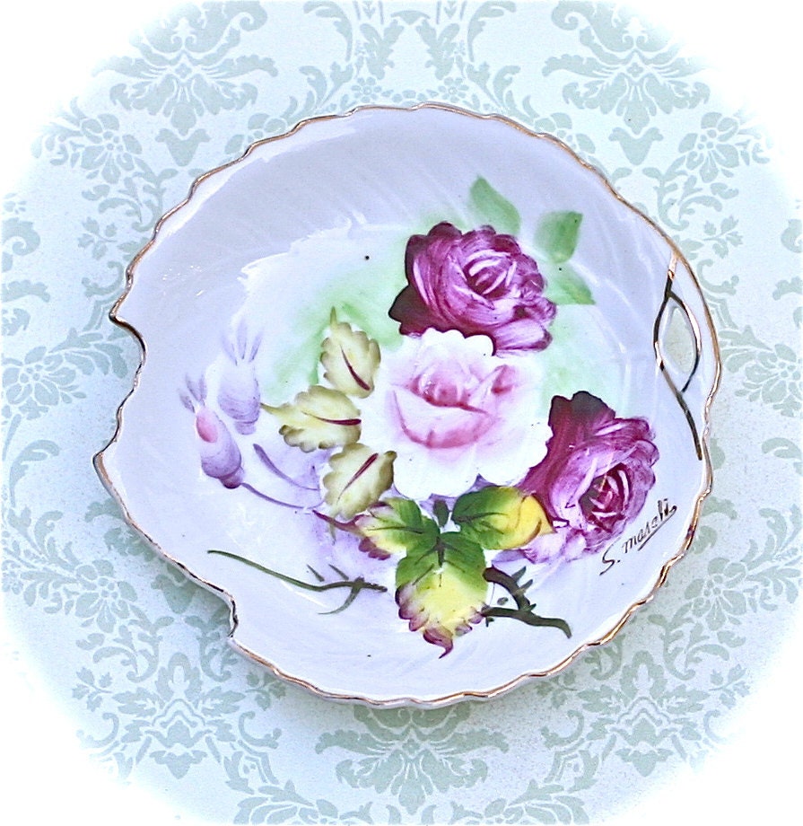 Vintage  Hand Painted Trinket Dish Japan Lavender Roses