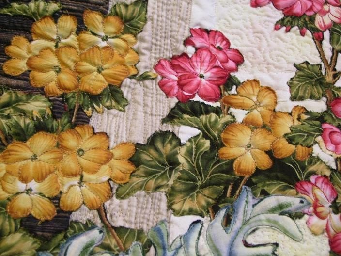 Geraniums and Dusty Miller quilted window box.