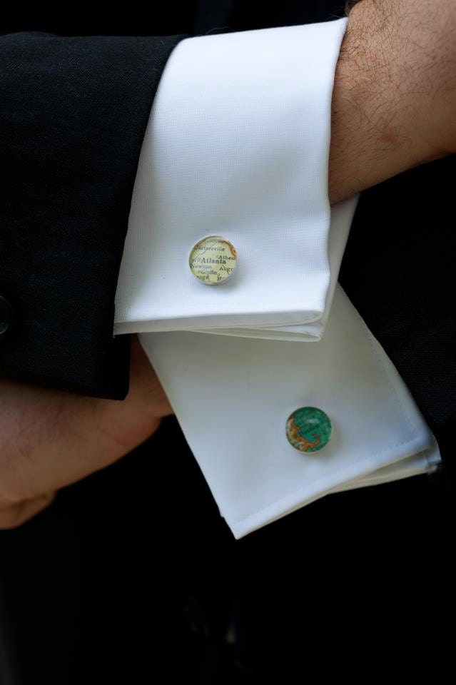 custom vintage map cufflinks by Tomato-Made - featured in Martha Stewart Weddings