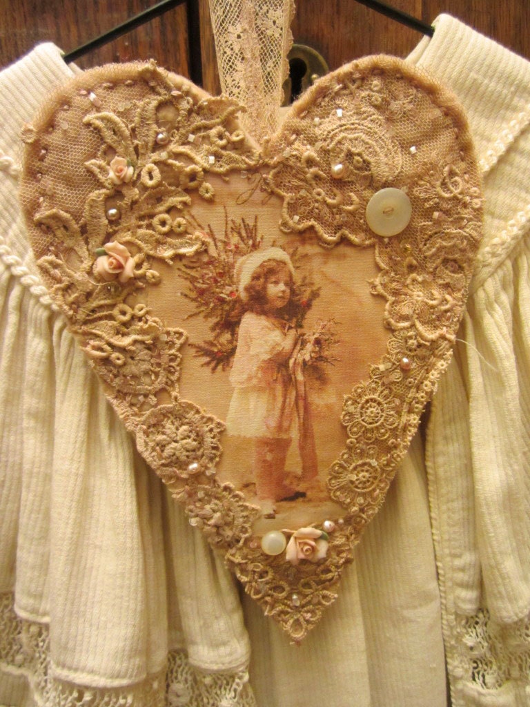 Edwardian Winter Girl in Pink  Vintage Lace Heart Collage Ornament Lg.