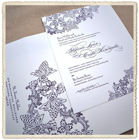 Letterpress Wedding Invitation Sample, Purple Flower Design