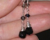 Solid .930 Argentium Silver Wire Wrapped Rainbow Obsidian and Swarovski Crystal Dangles, Sleek, Sexy