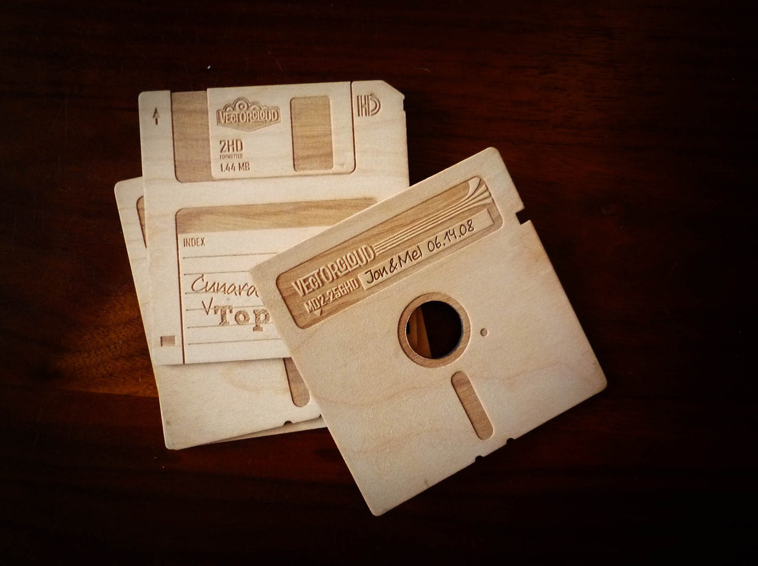 Floppy Disk Coasters (w/custom engraving) by Vectorcloud