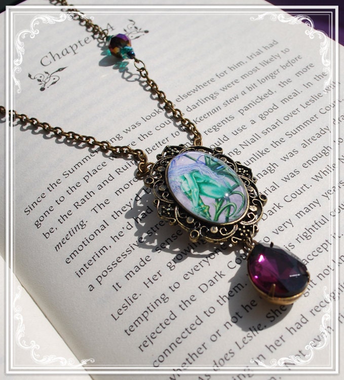 Vintage Faerie Necklace - Glass Faerie Cabochon - Wearable Art - Well Art - Transformation - Blue Bells - Faerie Court - Purple Faerie