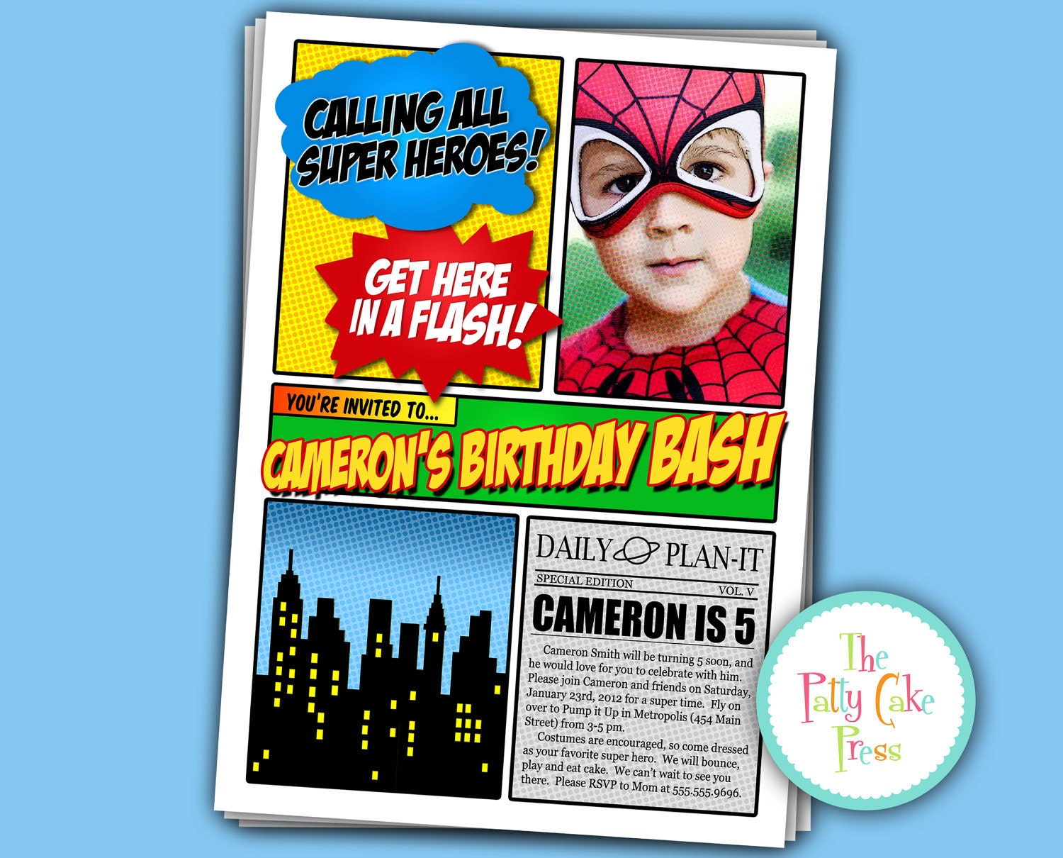 Super Hero Photo Invitation Birthday Party Custom Printable Digital File Spiderman Superman Batman Captain America Superhero