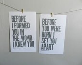 Modern Children and Nursery Decor ,Gray Religious Art Posters, Set of 2, Jeremiah 1:5, Letterpress Prints, 11x17