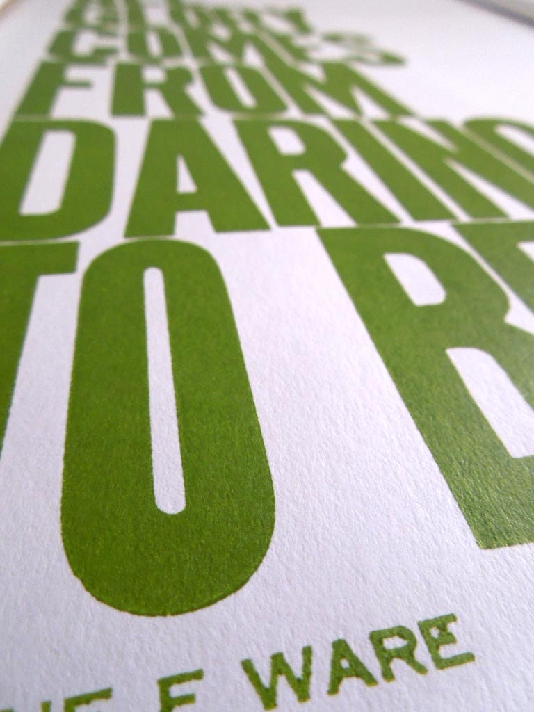 New Year's Poster, Motivational Art, Spring Green Typography Sign, All Glory Comes from Daring to Begin Letterpress Print