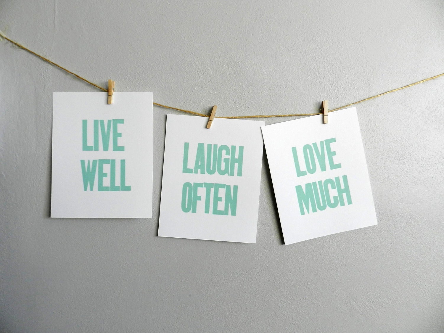 Seafoam Green Simple Letterpress Prints, Live Well, Laugh Often, Love Much (Set of 3)