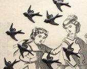 Tiny swallow charms -  dark antiqued brass - west facing (8 charms) bird charms, sparrow charms, Sailor Jerry tattoo style