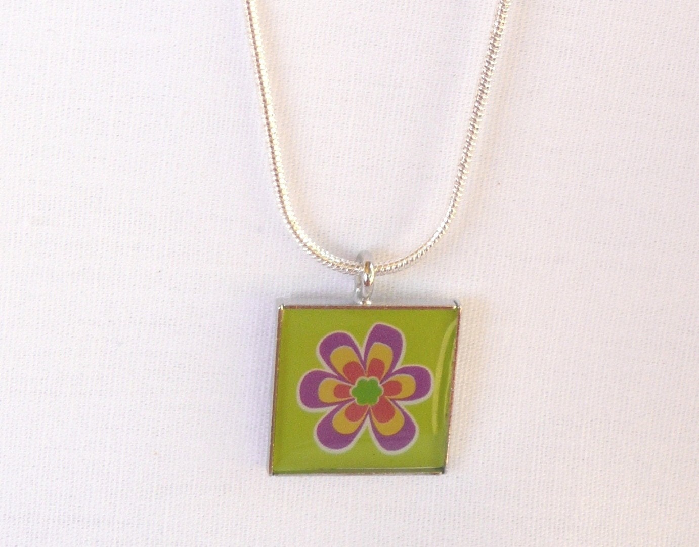 Retro Flower Charm Necklace on a Silver Plated Snake Chain