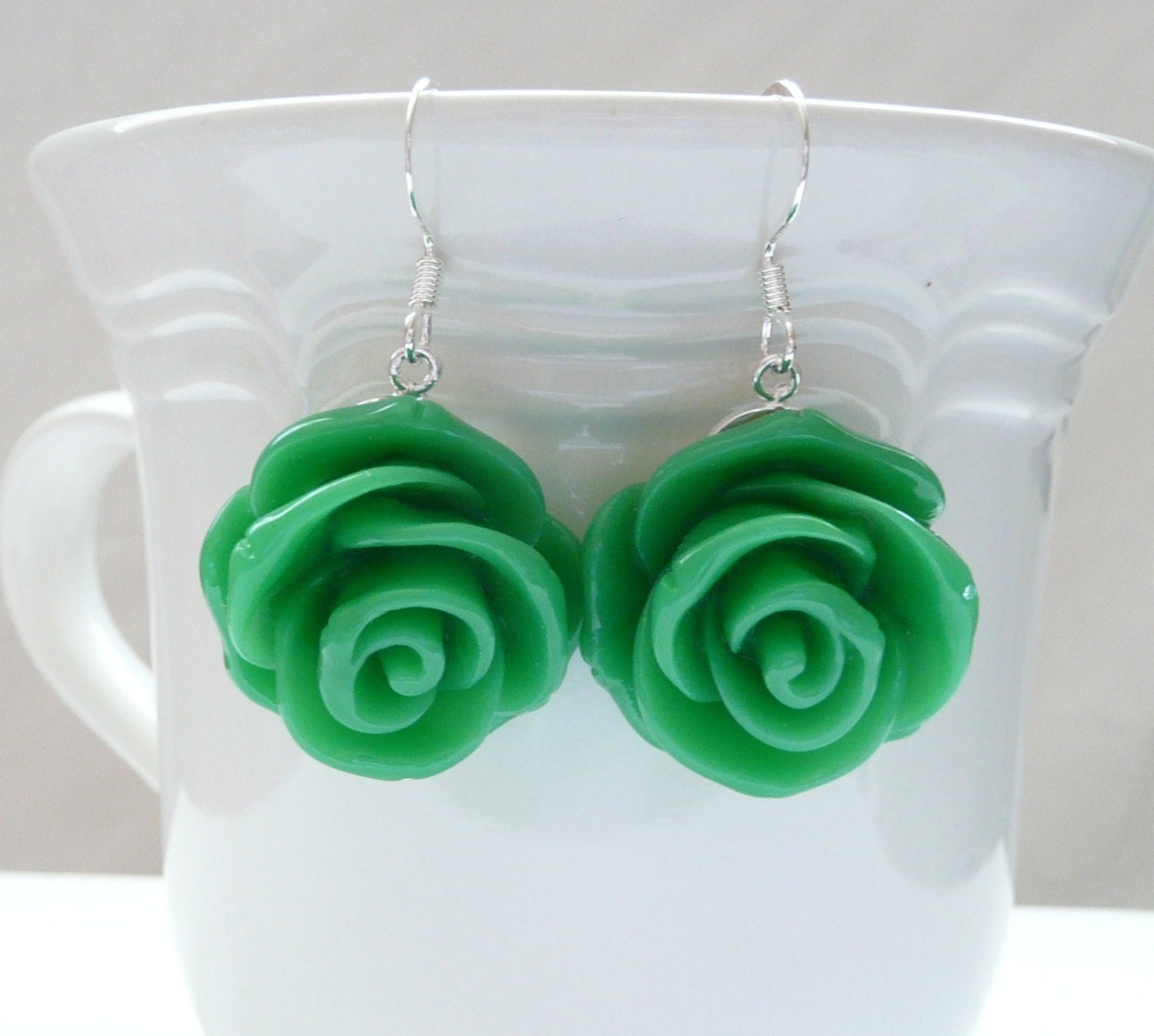 Large Kelly Green Rose Dangle Earrings