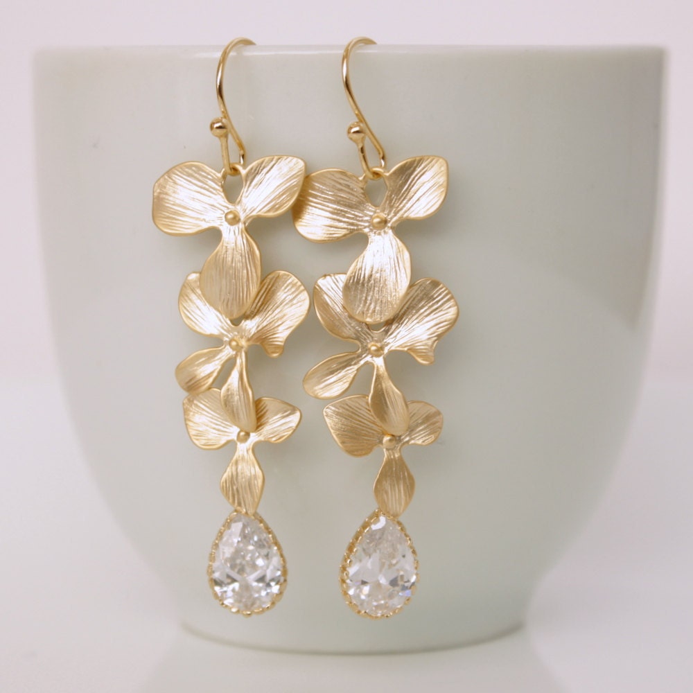 Gold Orchid Earrings Cubic Zirconia Long Bridal Earrings Bridesmaid Earrings