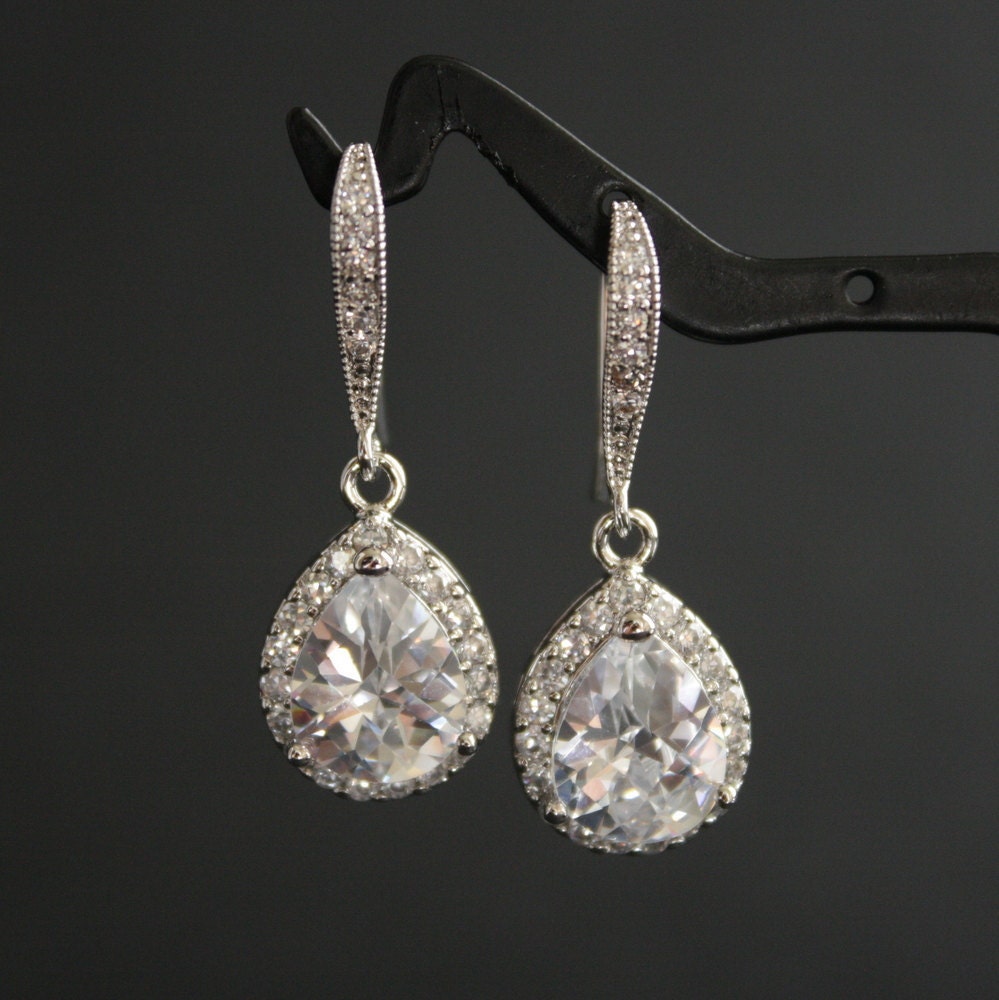 Wedding Jewelry Wedding Earrings Bridal Earrings Silver Clear Luxury Cubic Zirconia  Drop Earrings