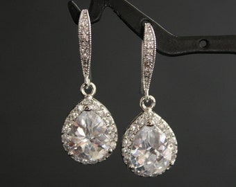 Wedding Jewelry Wedding Earrings Bridal Earrings Silver Clear Luxury Cubic Zirconia  Drop Earrings