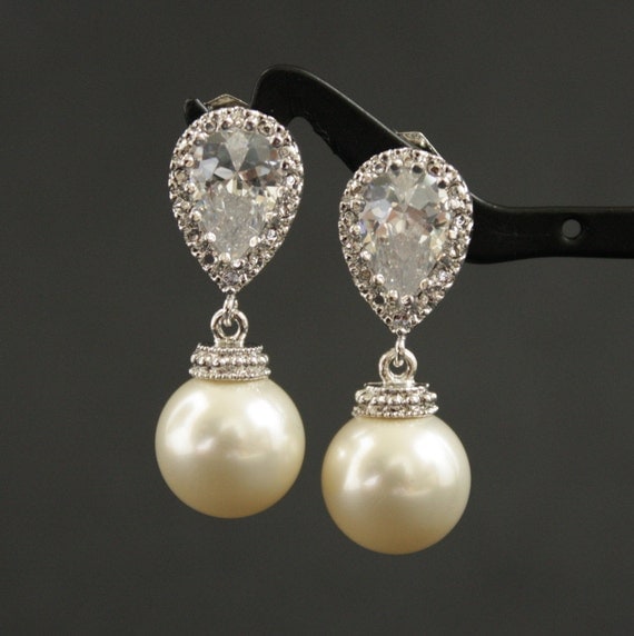 Pearl Jewelry Cream Ivory Pearl Cubic Zirconia Pearl Bridal Earrings Posts Silver with Swarovski Cream Pearls Wedding Jewelry