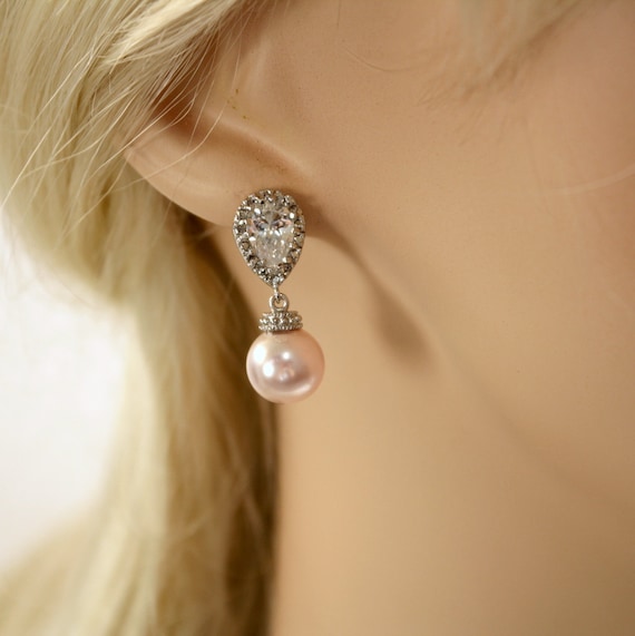 Wedding Jewelry Cubic Zirconia Pearl Bridal Earrings Bridesmaid Earrings Posts Silver with Blush Rose Swarovski Pearl Drops Pearl Jewelry