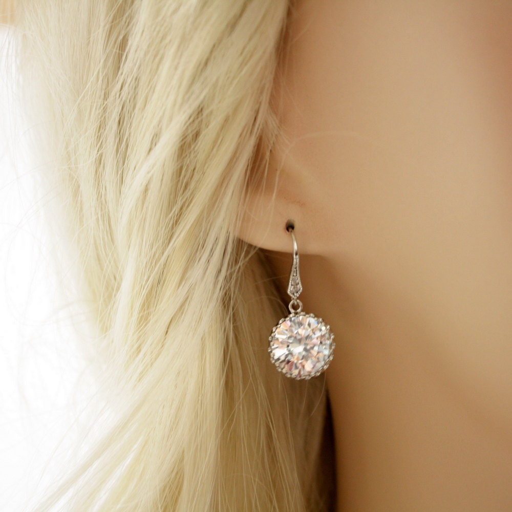 Wedding Jewelry Bridesmaid Jewelry Set of 5 Round Cubic Zirconia Earrings Silver Bridesmaid Earrings