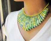 Lime Green necklace - Paper bead jewellery - Large Necklace - Ruffle, Fresh, Bright, Spring, Summer, Citrus, Lime Green, Blue, Lemon Yellow
