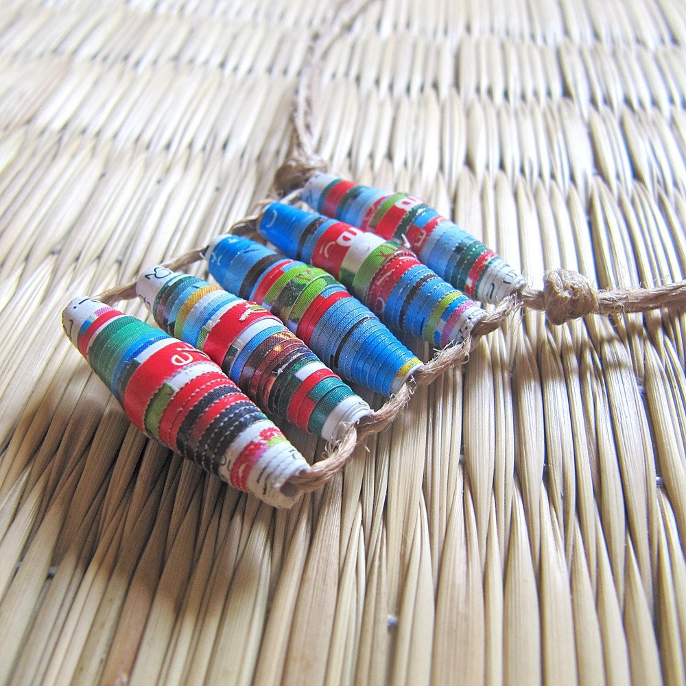 Recycled Envelope Paper Bead Necklace - Blue Red Green White - FREE SHIPPING