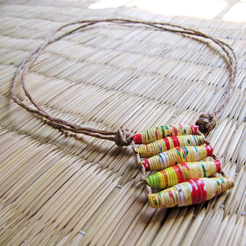 Paper jewelry - Spring necklace - 1st wedding anniversary gift - Recycled paper bead - Funky jewelry - Funky, Yellow , Red, green, Spring