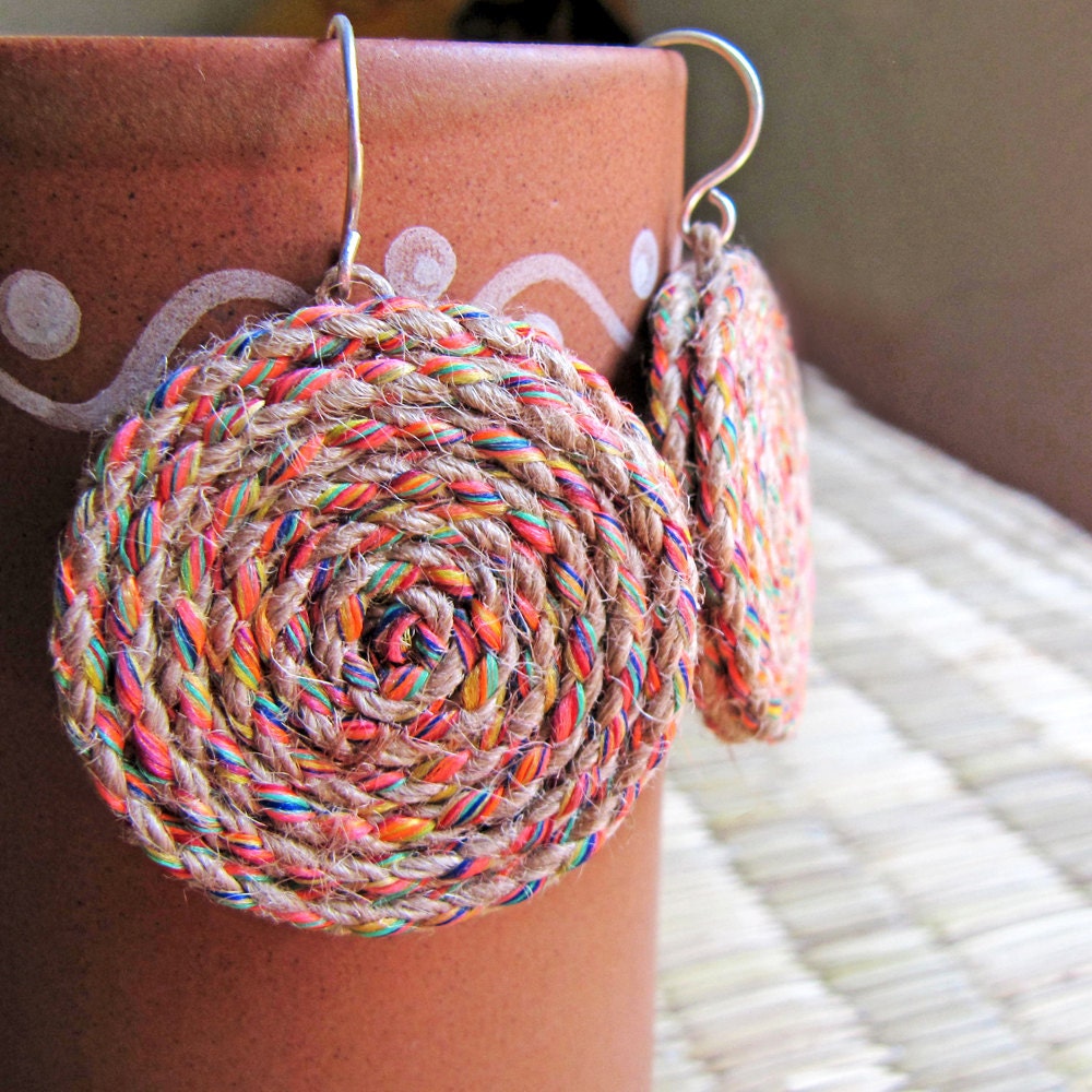 Rustic jewelry - Gypsy earrings - Hemp earrings - Earthy, Tribal, Folk, earthy, rustic, gypsy, hemp, folk, tribal - colorful, orange, brown