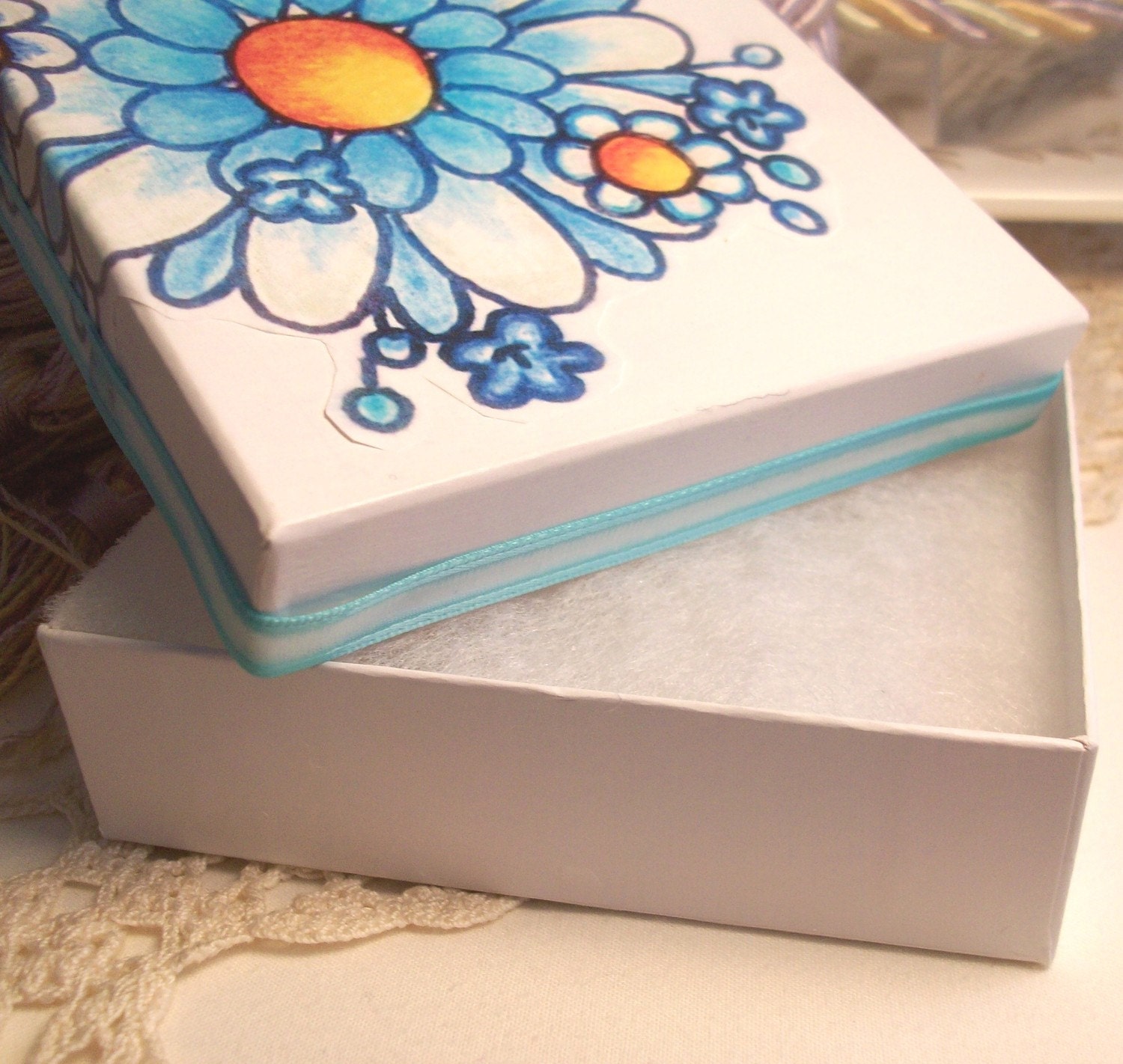 White Gift Box with Blue Zinnia Design