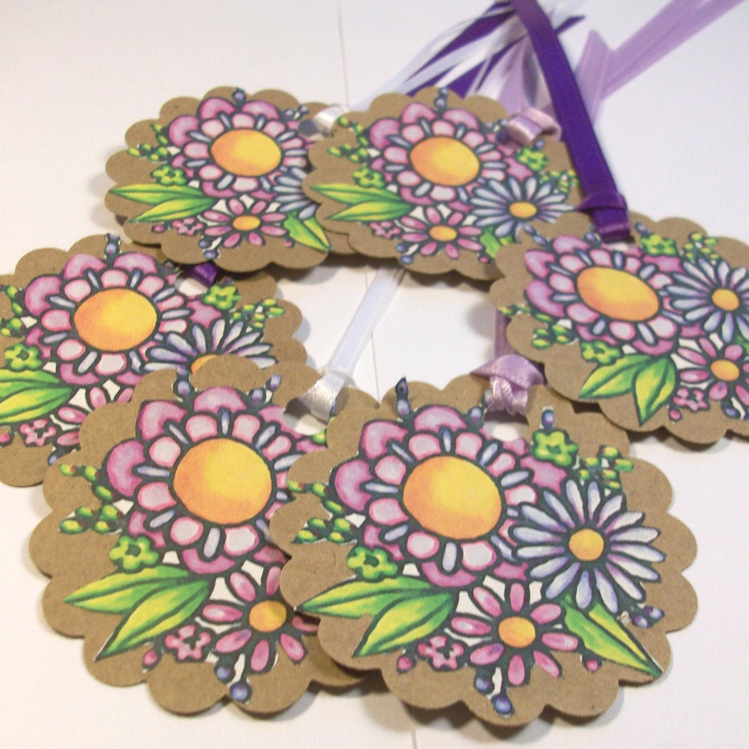 Round Gift Tags with Purple Flowers and Ribbon- WITH LOVE embossed on back- set of 6