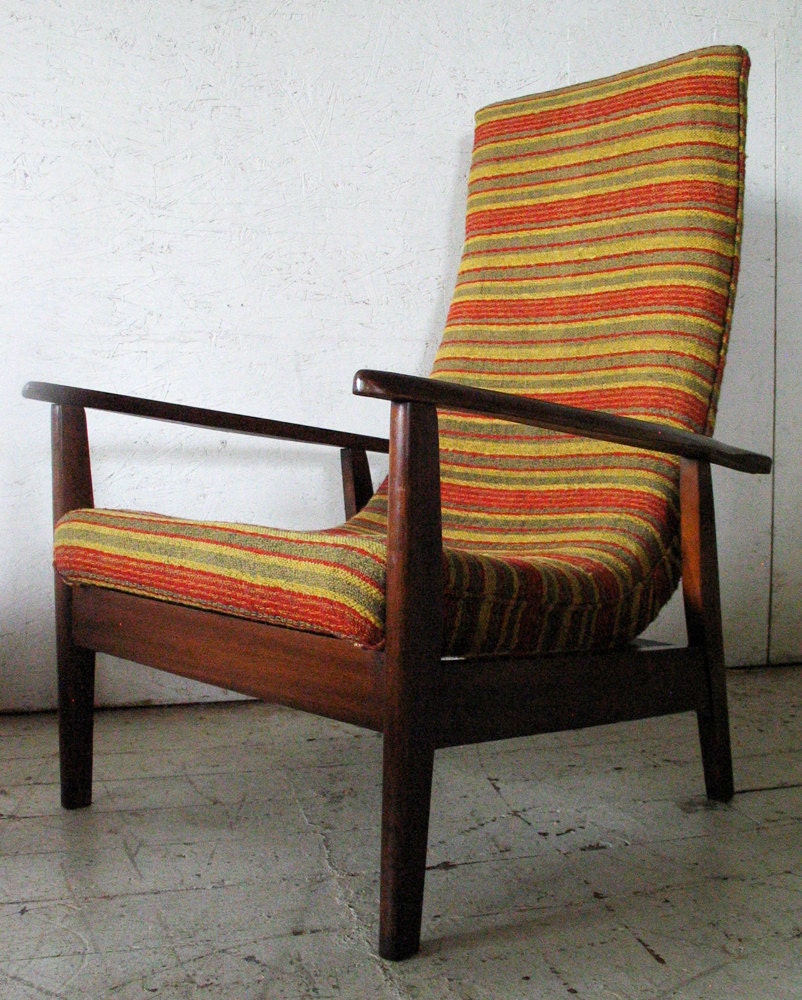 Danish Modern Scoop Lounge Chair 1960s - original 60s striped upholstery - mid century modern chair