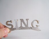 vintage sing puzzle pieces metal letters word home decor sign positive message text type font silver retro home decor