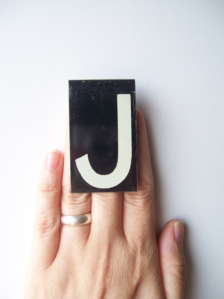 vintage letter J enamel metal sign hanging black and white personalized monogram modern text type font medium