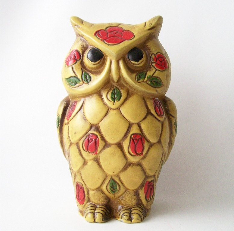 vintage owl bank figurine big eye owl figure retro home decor bohemian boho rose red roses yellow feathers