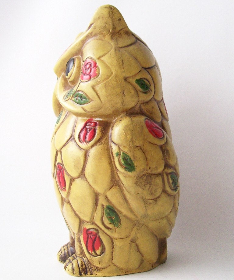 vintage owl bank figurine big eye owl figure retro home decor bohemian boho rose red roses yellow feathers