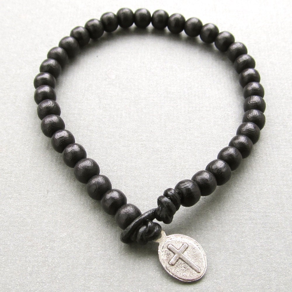Mens black wooden beaded leather cord bracelet with tibetan silver cross charm fastening