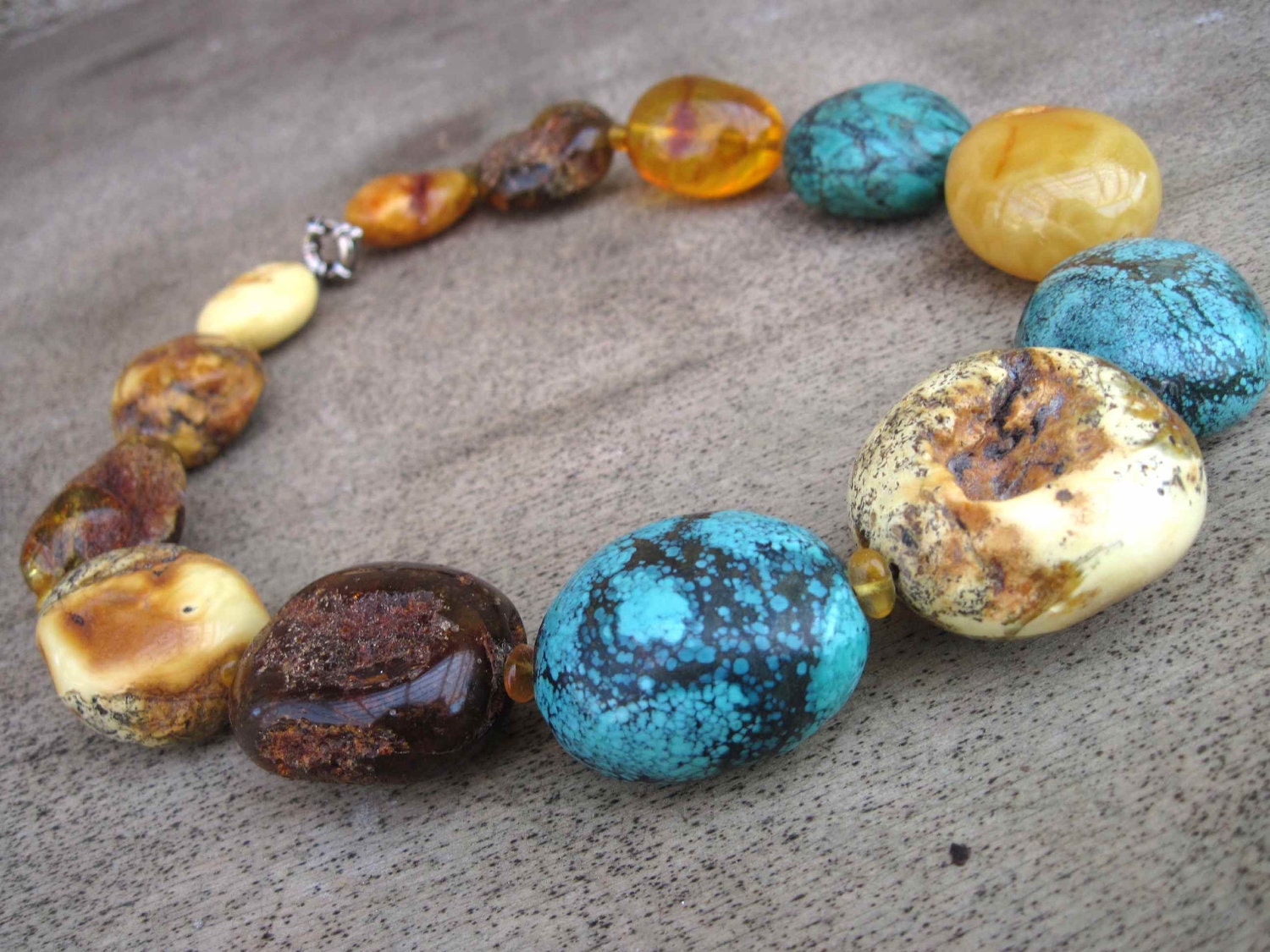 Huge Baltic Amber Turquoise Raw Stone Necklace, Statement Necklace, Blue Teal Brown Yellow Genuine Baltic Amber, Extra Large Earthy Colors