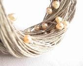 Pearl Wedding Necklace Natural Linen Wedding Jewelry Cream Rose Linen Jewelry Peachy Beige Gray Multistrand Summer Bridal Fashion - DreamsFactory