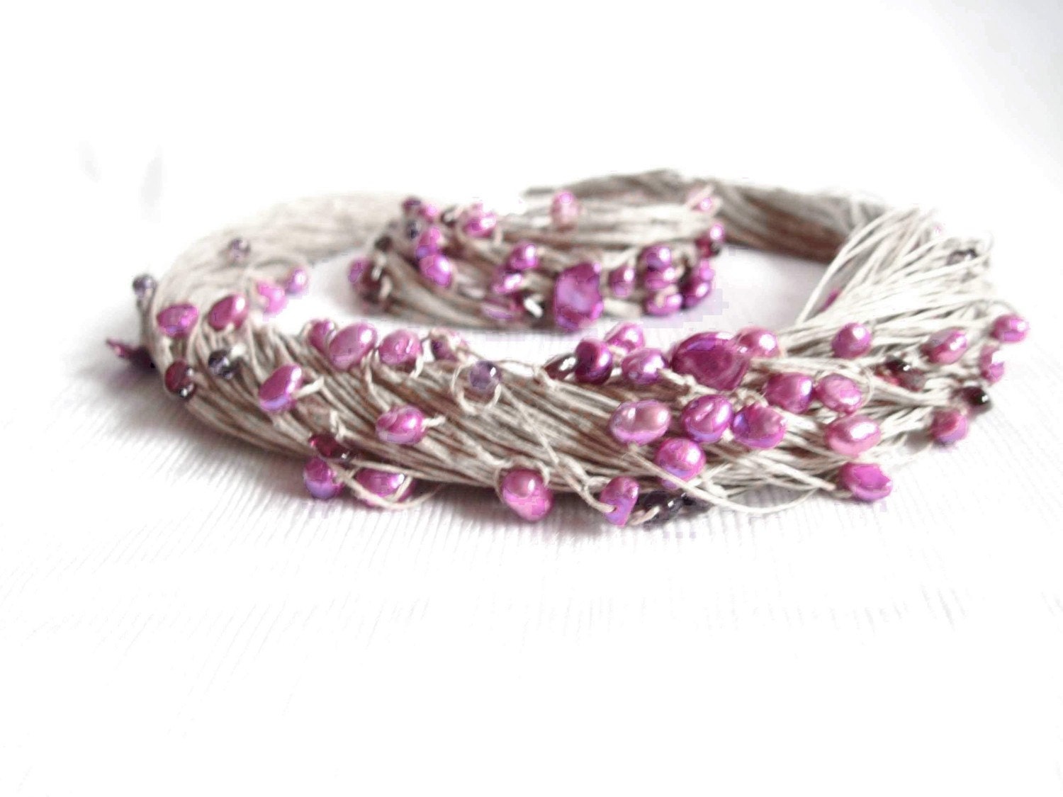 Natural Purple Pearls Necklace Garnet Amethyst Linen Multistrand Necklace Bracelet Set Midsummer Night's Dream
