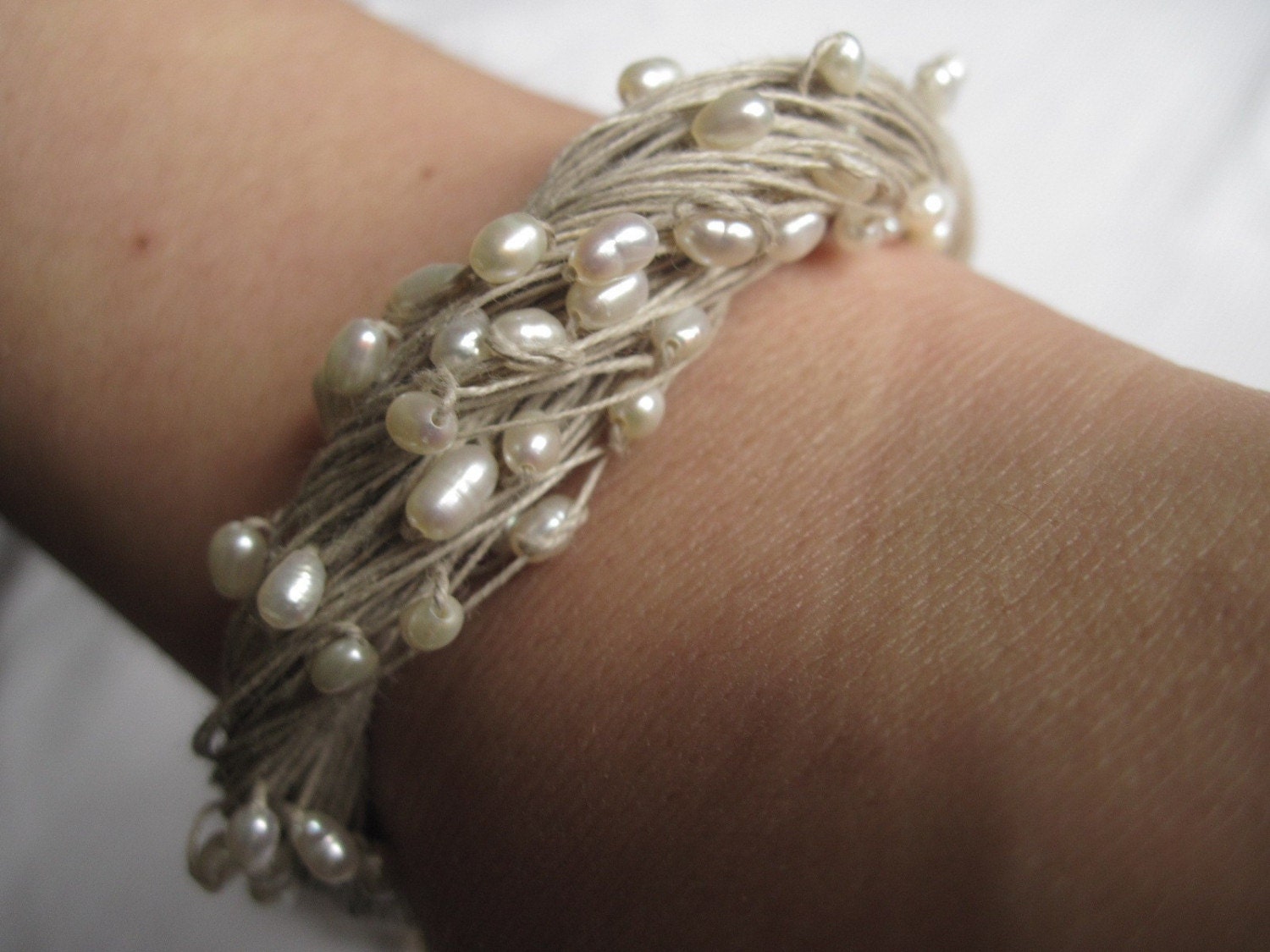 Pearl Bracelet Linen Wedding Jewelry Bracelet White Summer Bride Eco Friendly Fashion Cottage Chic