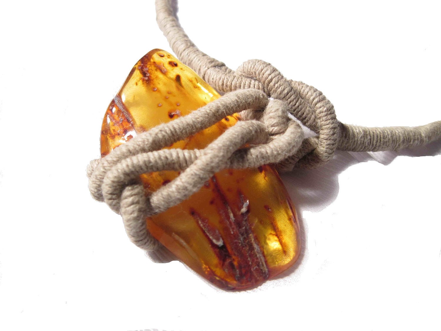 Fresh Honey Amber Linen Necklace Sunny Amber Pendant Entanglement Summer Fashion Jewelry Sailor Rope Knot Nautical Yellow Orange Huge OOAK