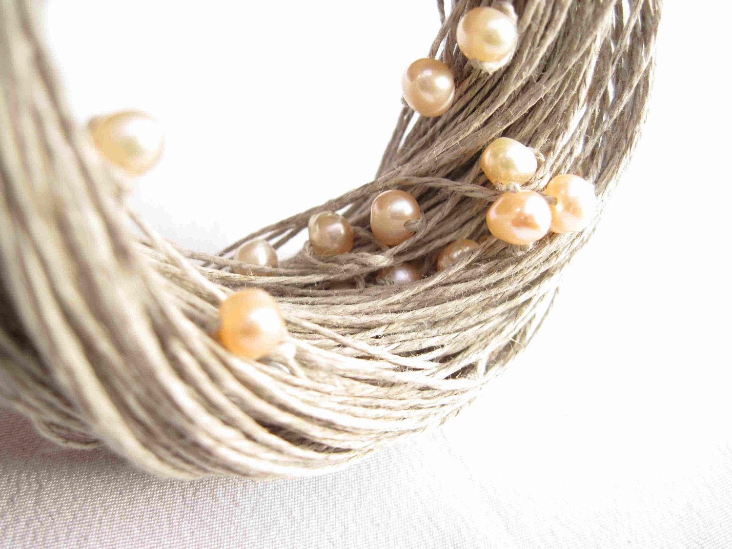 Wedding Pearl Jewelry Necklace Bracelet Linen Set Peachy Multistrand Pearl Necklace Cream Pink Gray Beaded Shabby Cottage Chic June Birthday