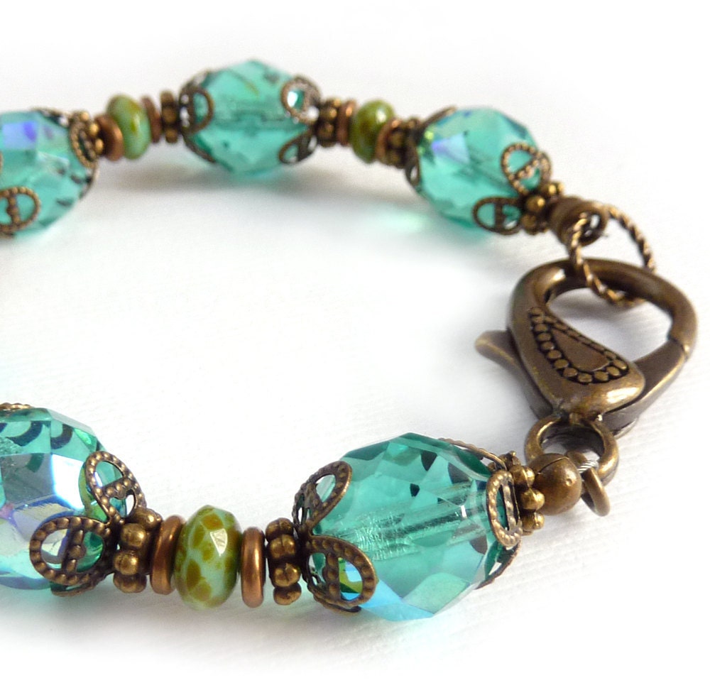 Chunky Turquoise Bracelet, Czech Fire Polished Glass, Retro Victorian Style, Beaded Bracelet, Boho Jewelry