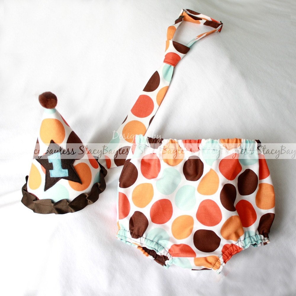 3 PIECE SET in Jumbo Orange Dot OR Choose Custom Colors for Party Hat-Diaper Cover-Necktie for Cake Smash or First Birthday