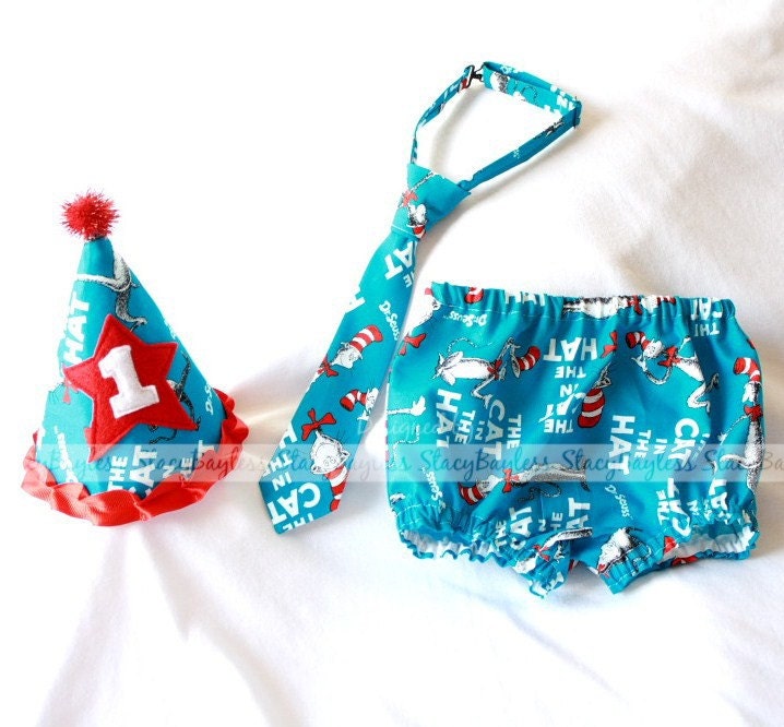 3 PIECE SET Dr. Seuss Party Hat - Diaper Cover - Necktie for Cake Smash or First Birthday - Baby - Boys