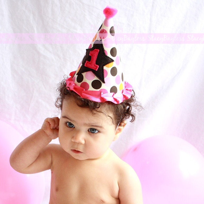 3 PIECE SET - Party Hat Diaper Cover Headband in Cream with Pink Chocolate and Orange Polka Dots for Cake Smash - Baby Girl